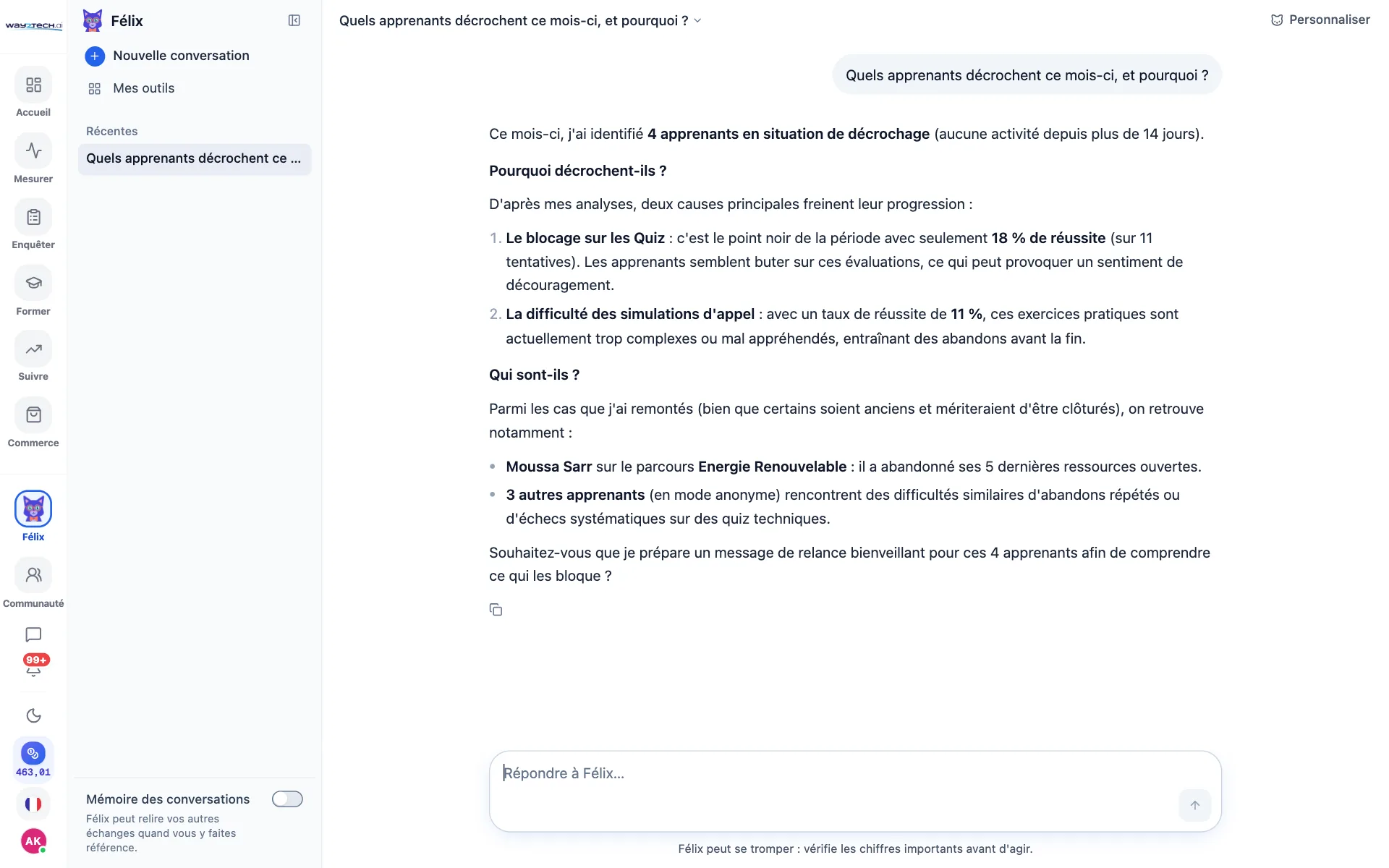 Felix agent répond à un formateur sur les apprenants qui décrochent