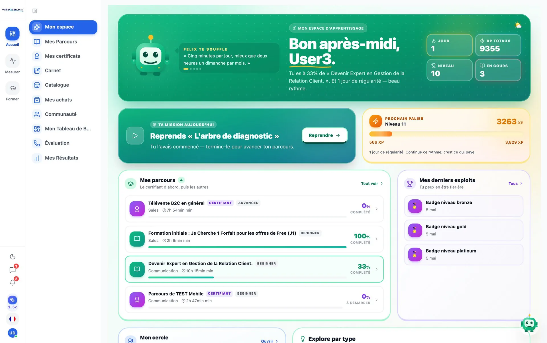 Espace apprenant gamifié : XP, niveau, parcours, Felix