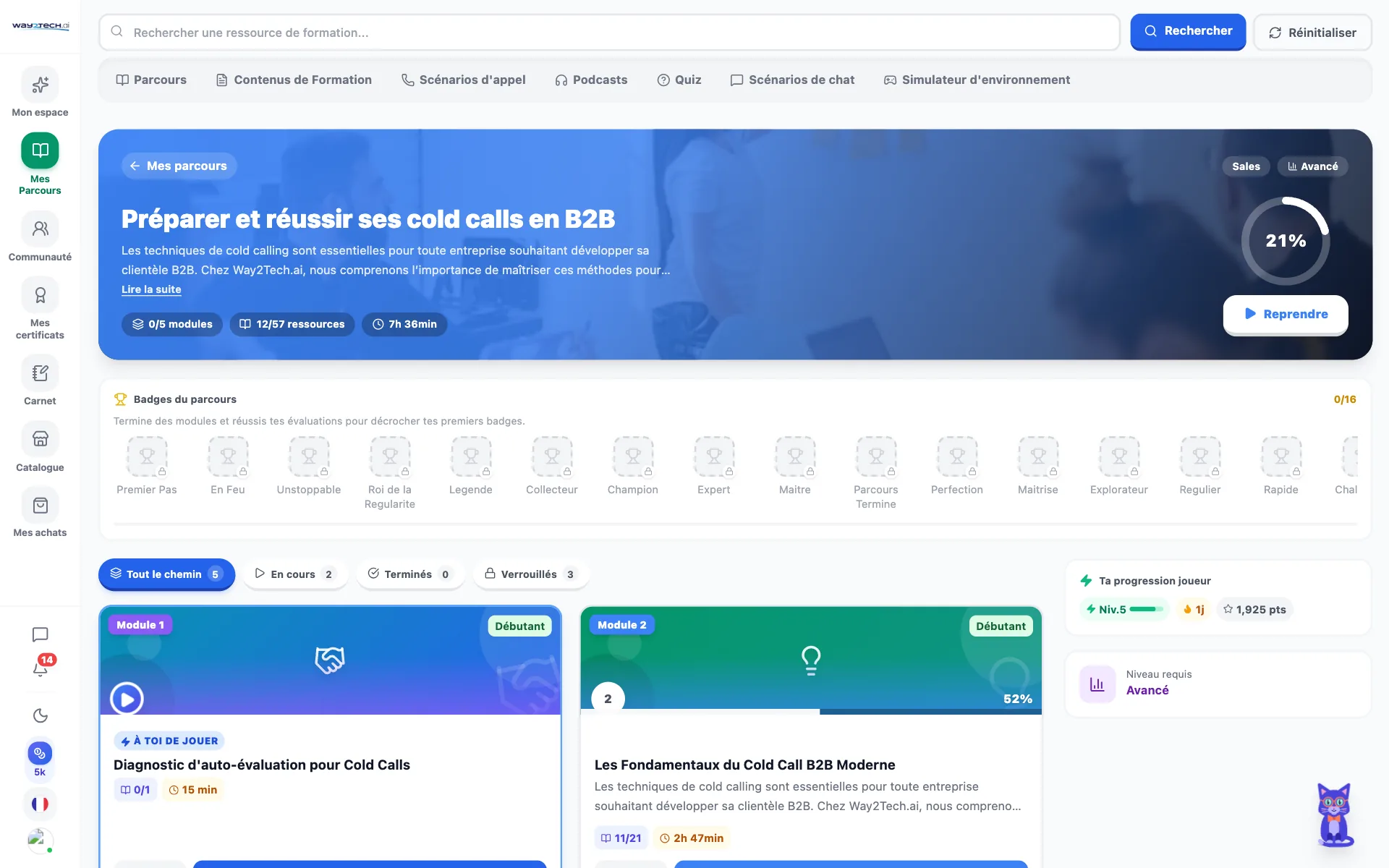Parcours en cours : modules, badges et progression